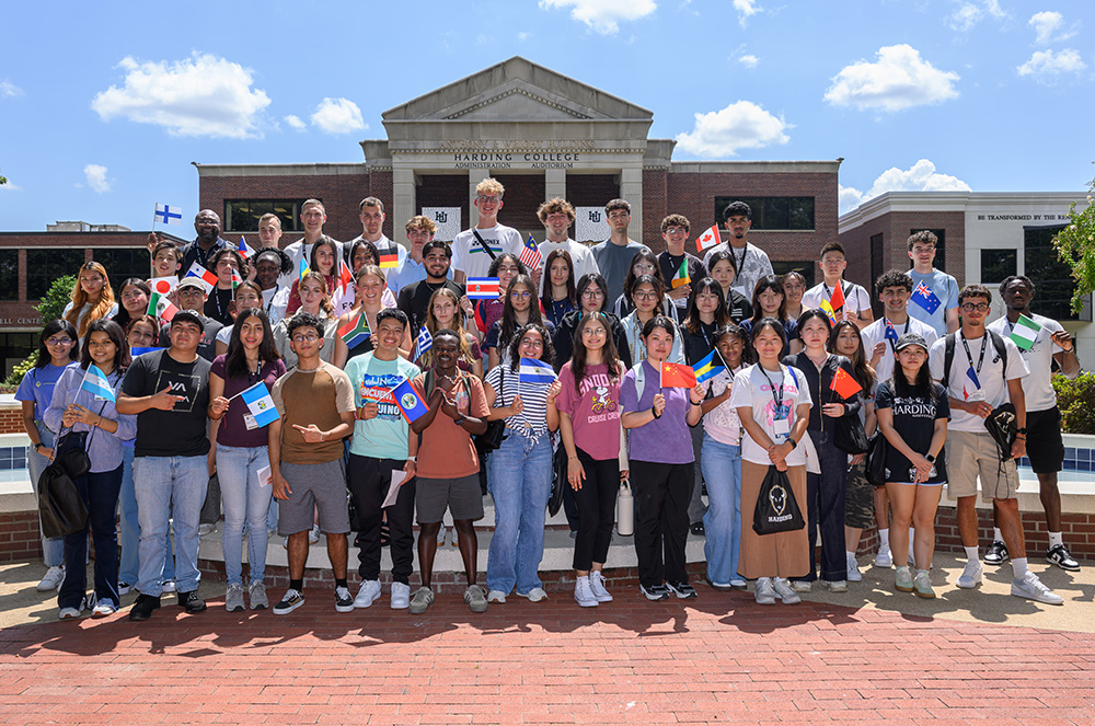 Students in front of the Admin building on campus