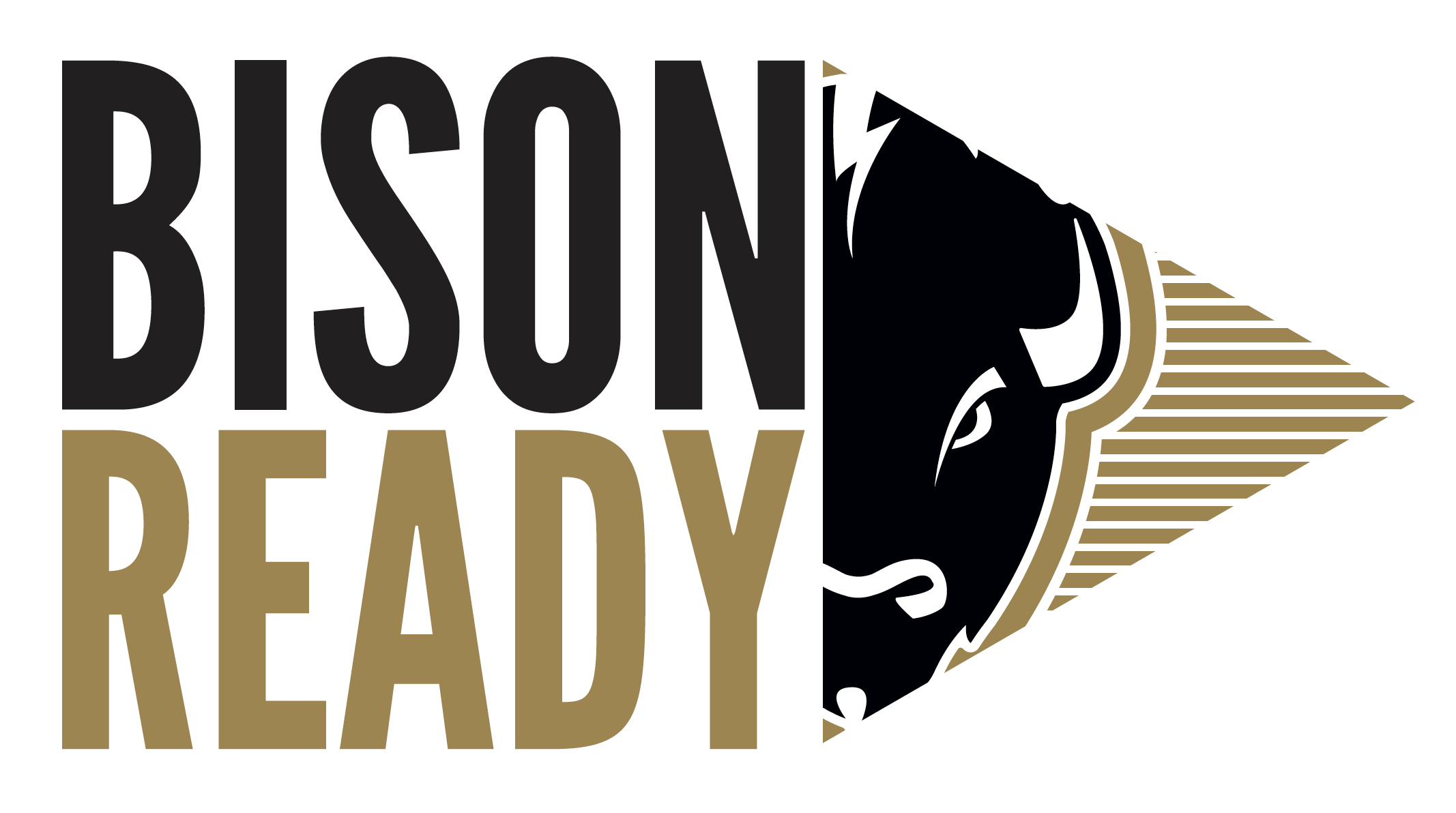 Bison Ready logo featuring bold black and gold text with a stylized mascot bison headshot inside a triangular shape.