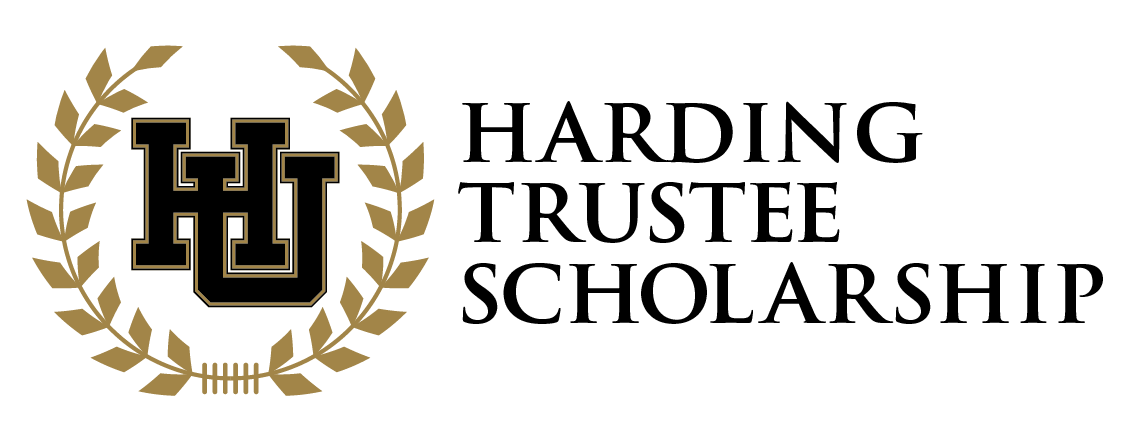 Harding University Trustee Scholarship logo featuring stylized HU initials surrounded by a gold laurel wreath.