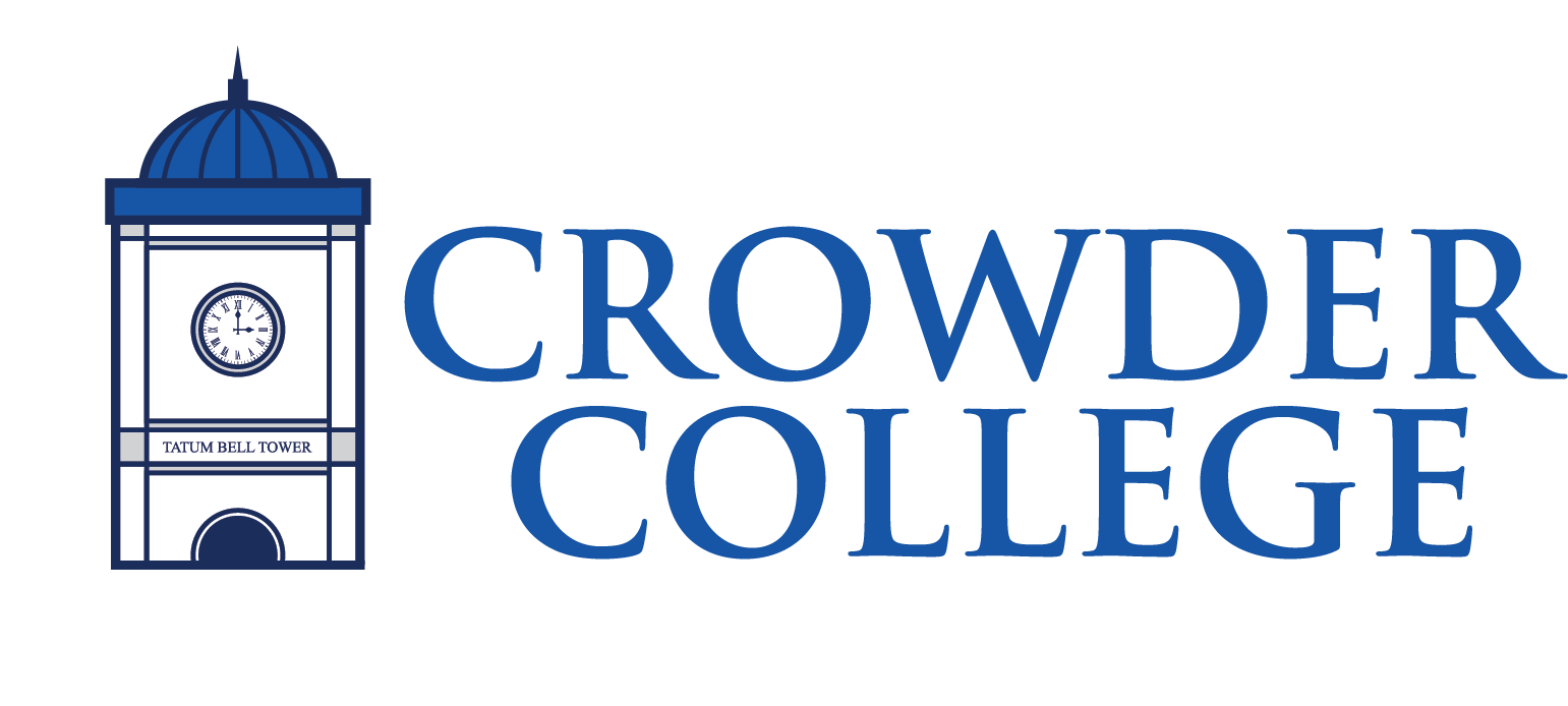 Crowder College logo featuring a blue icon of the Tatum Bell Tower beside the words 'Crowder College.'