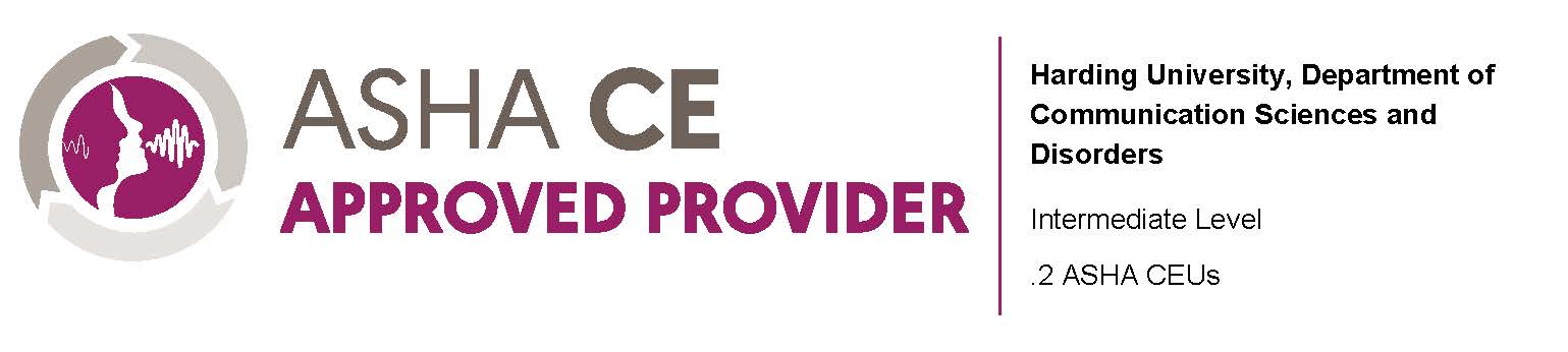 ASHA CE Approved Provider logo with Harding's communication department name and text 'Intermediate Level .2 ASHA CEUs'.