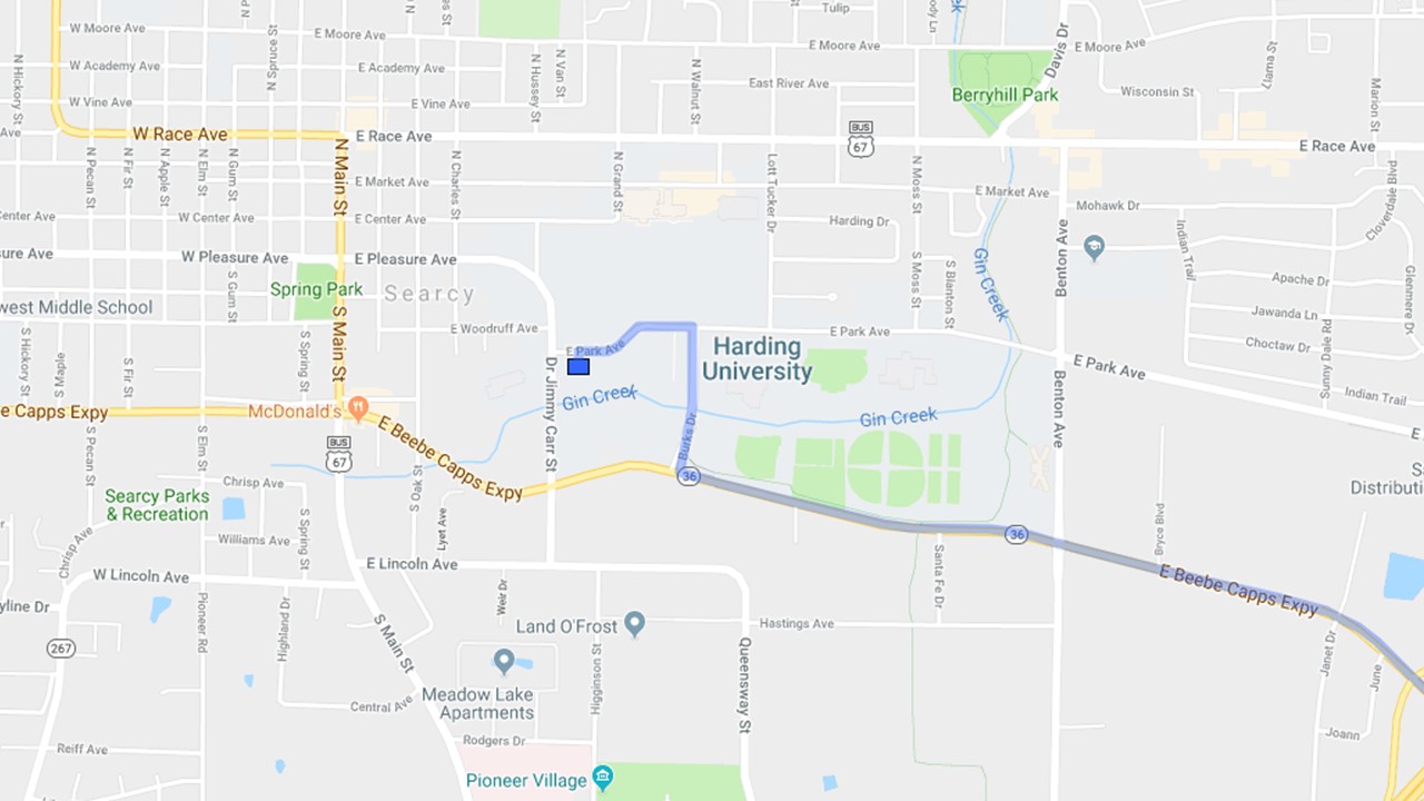 An online map showing directions to the Farrar Health Sciences Center, E Park Ave, Searcy AR.