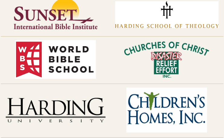 Logos of the six sponsors of Abundant Living: Sunset International Bible Institute, Harding School of Theology, World Bible School (WBS), Churches of Christ Disaster Relief Effort Inc., Harding University, and Children’s Homes, Inc.