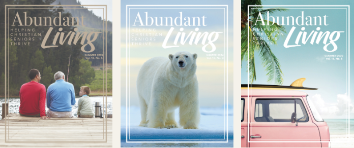 Abundant Living magazine covers for Christian seniors—Summer 2024 with people on a lake dock, Winter 2024 with a polar bear on ice, and Summer 2022 with a pink van by the beach and palm trees.