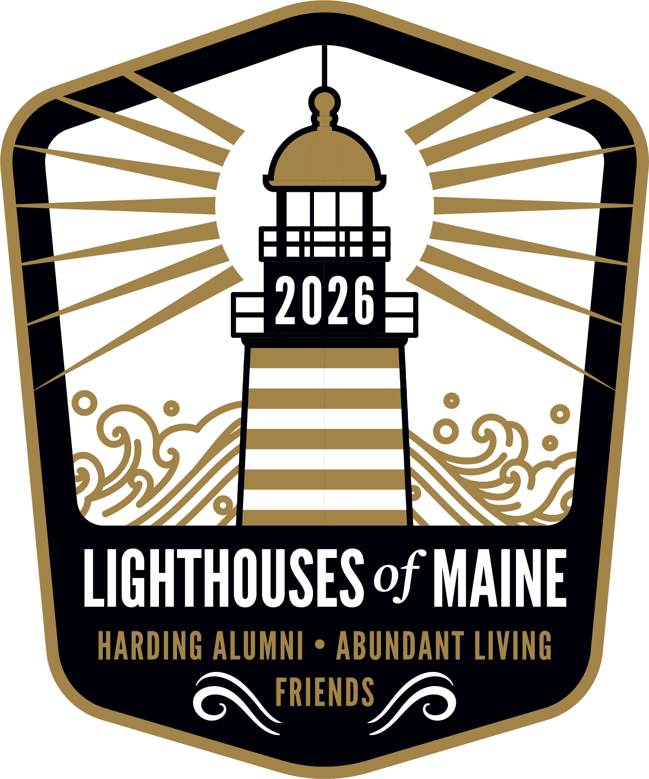 Lighthouses of Maine 2026 logo featuring a stylized lighthouse with rays of light, ocean waves, and the text: ‘Harding Alumni • Abundant Living Friends.’