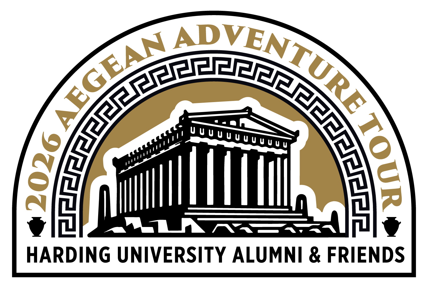 Logo for “2026 Aegean Adventure Tour” featuring a stylized Greek temple and text: “Harding University Alumni & Friends.”