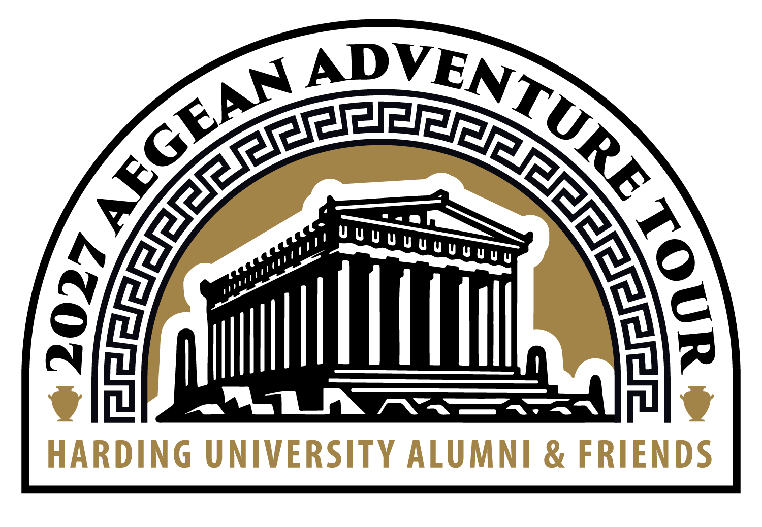 Logo for “2027 Aegean Adventure Tour” featuring a stylized Greek temple and text: “Harding University Alumni & Friends.”