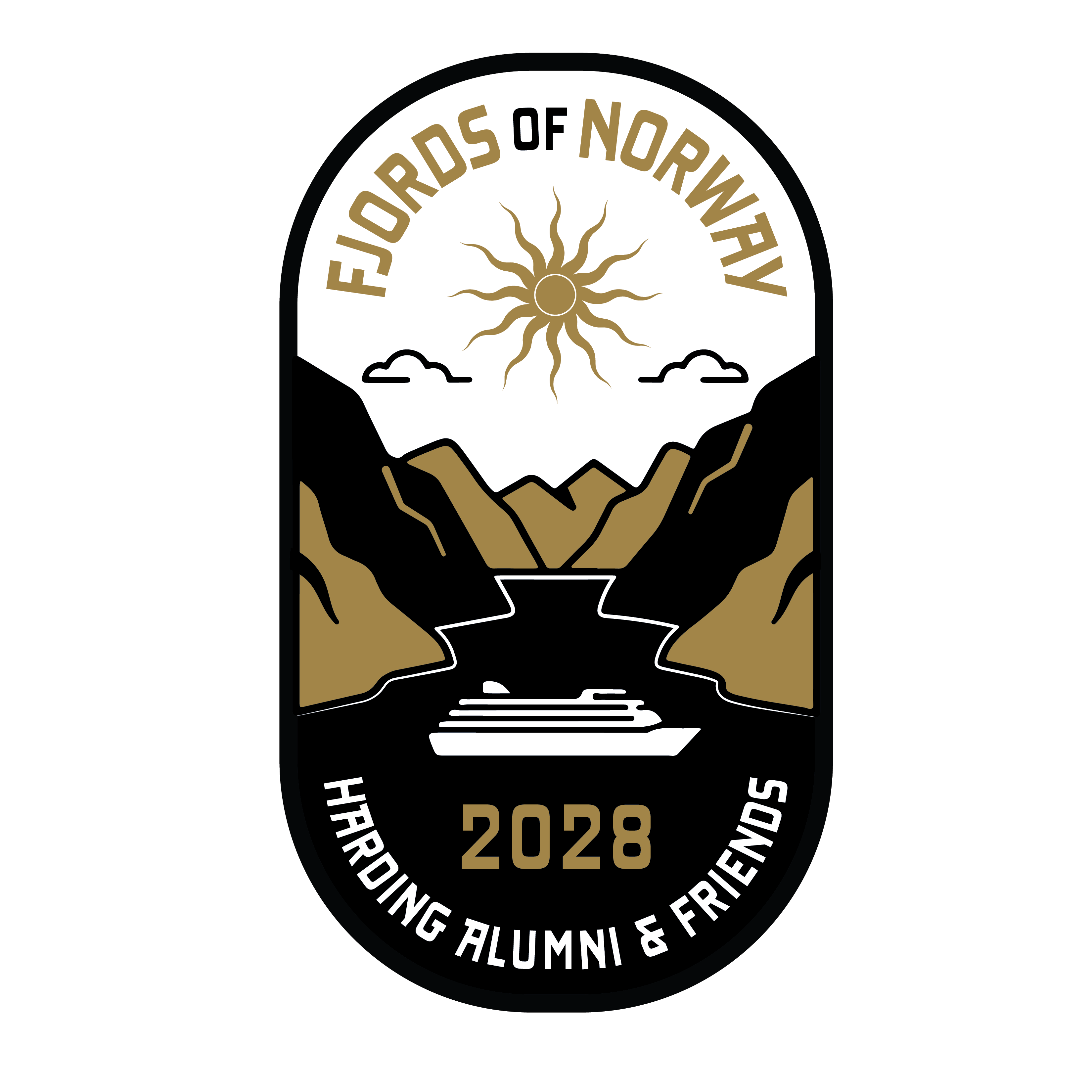 Logo for “2028 Fjords of Norway Tour” with mountains, canal, and sun “Harding University Alumni & Friends.”
