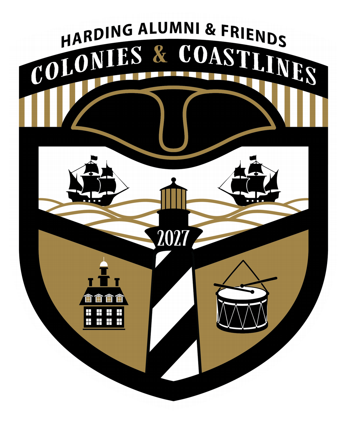 Logo featuring a ships, a drum, a colonial home and the text “Colonies & Coastlines 2027,” with a lighthouse and tri corn in the design.