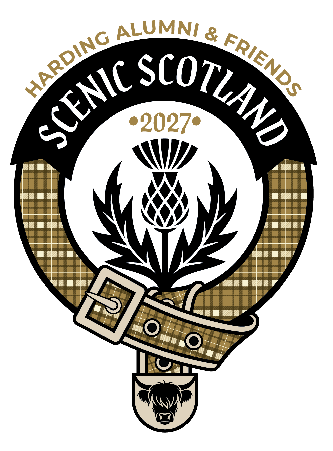 Logo for “2027 Scenic Scotland Tour” featuring thistle, kilt belt, highland coo, and “Harding University Alumni & Friends.”