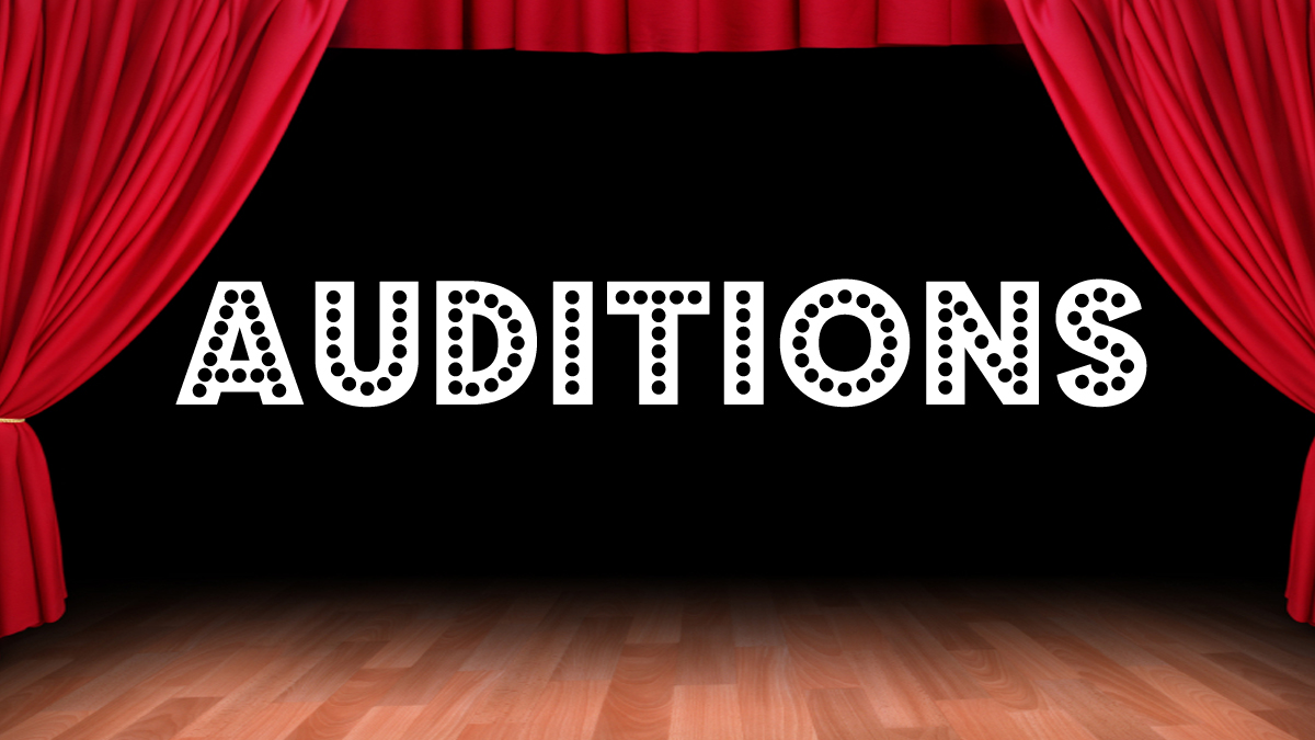 Stage with red curtains and wooden floor, featuring the word 'AUDITIONS' in bold marquee-style letters.