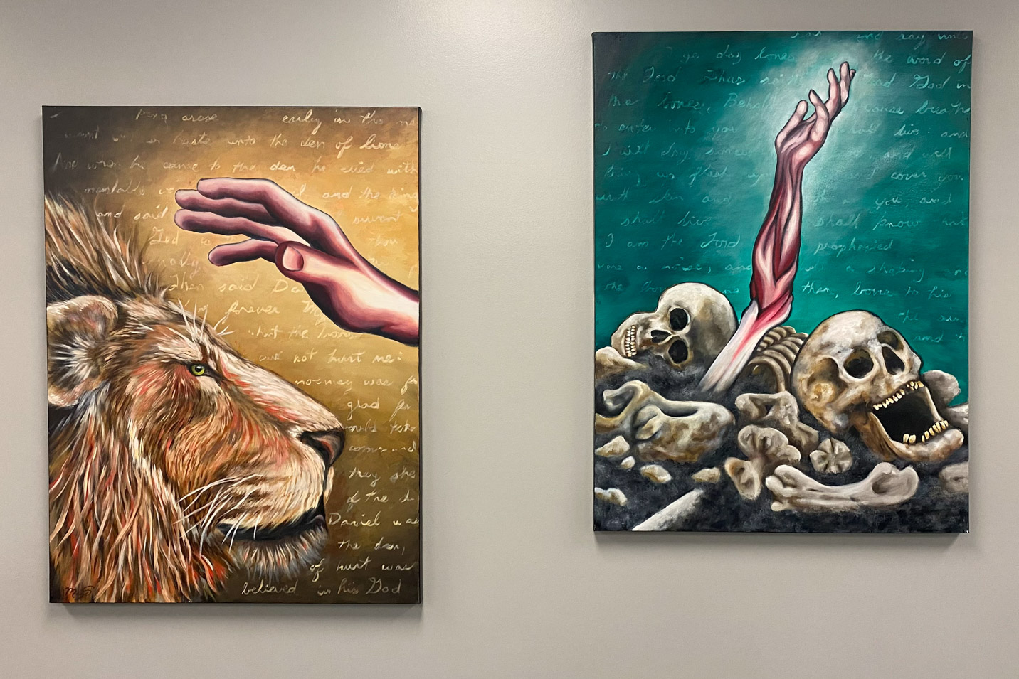 Two paintings: lion, reaching hand, and handwritten text; skeletal scene with arm rising from bones and similar background.