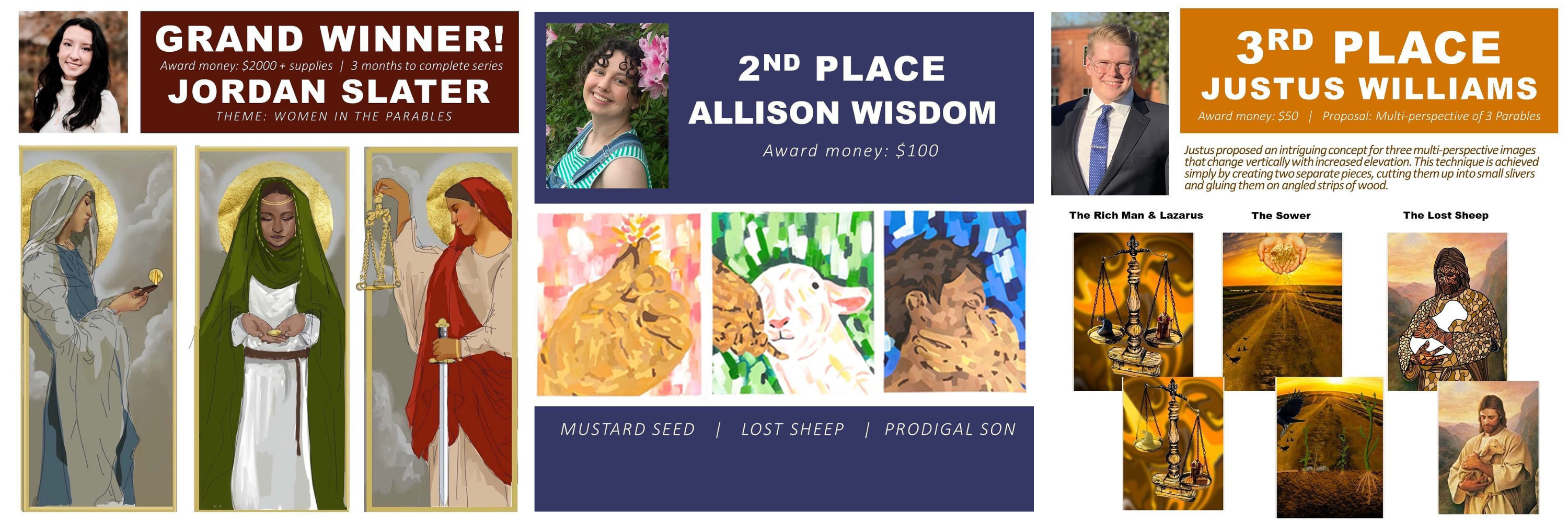 Graphic of winners: Grand winner Jordan Slater, 2nd place Allison Wisdom, 3rd place Justus Williams, with respective awards.