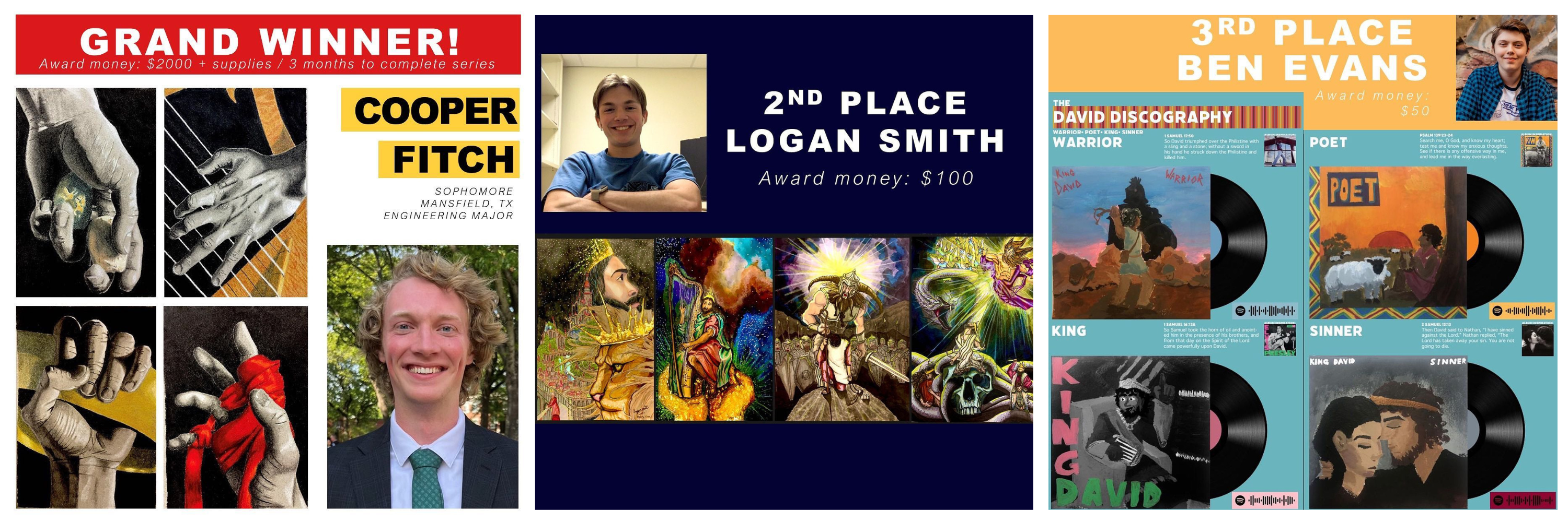 Graphic of winners: Grand winner Cooper Fitch, 2nd place Logan Smith, and 3rd place Ben Evans, with respective awards.