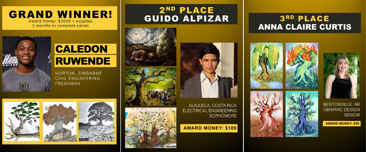 Graphic of winners: Grand winner Caledon Ruwende, Guido Alpizar, Anna Claire Curtis with respective awards.