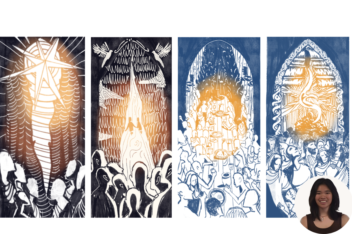 Four vibrant paintings of animal-headed figures in Harding’s McInteer Bible Building, a bright, windowed space.