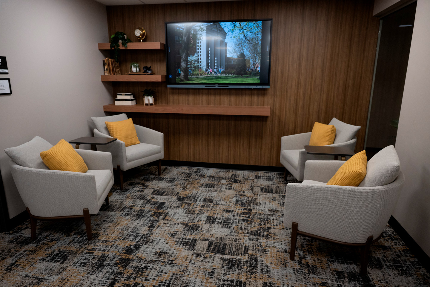 Hangout area in the big room with chairs and a tv