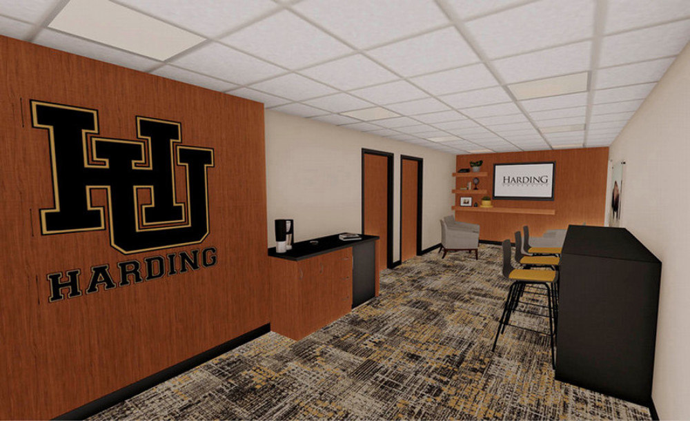 Digital rendering of the Center of Accountancy main enterance. A Large "H.U." is shown on the wall, and to the right is a sitting area. 