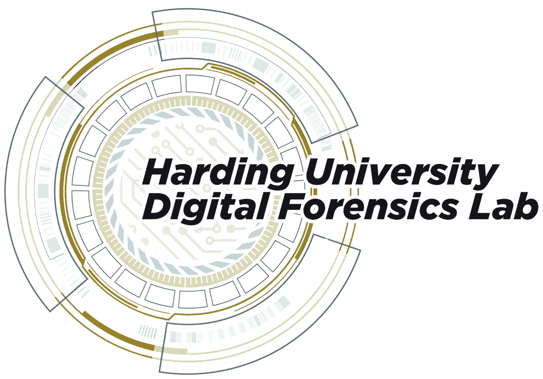 Logo with circuit and tech-inspired design and text: 'Harding University Digital Forensics Lab'