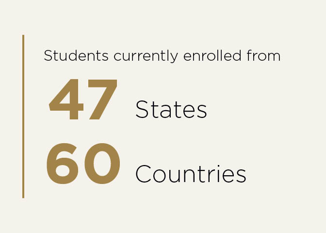 Students currently enrolled from 47 states and 60 countries.