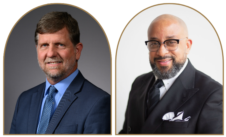 Two portraits: Dr. Scott Adair on the left and Rodney Dulin on the right, both smiling and wearing suits.