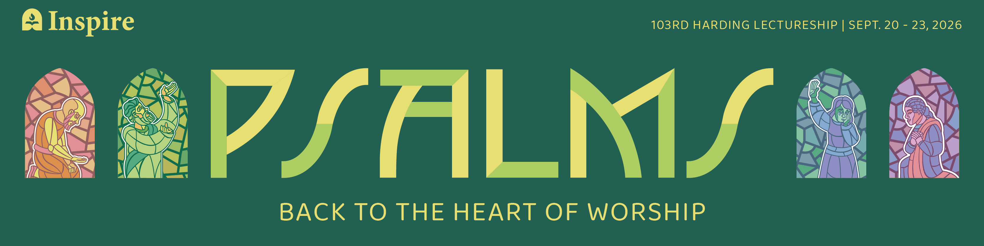 Illustration of four characters worshipping in stained glass