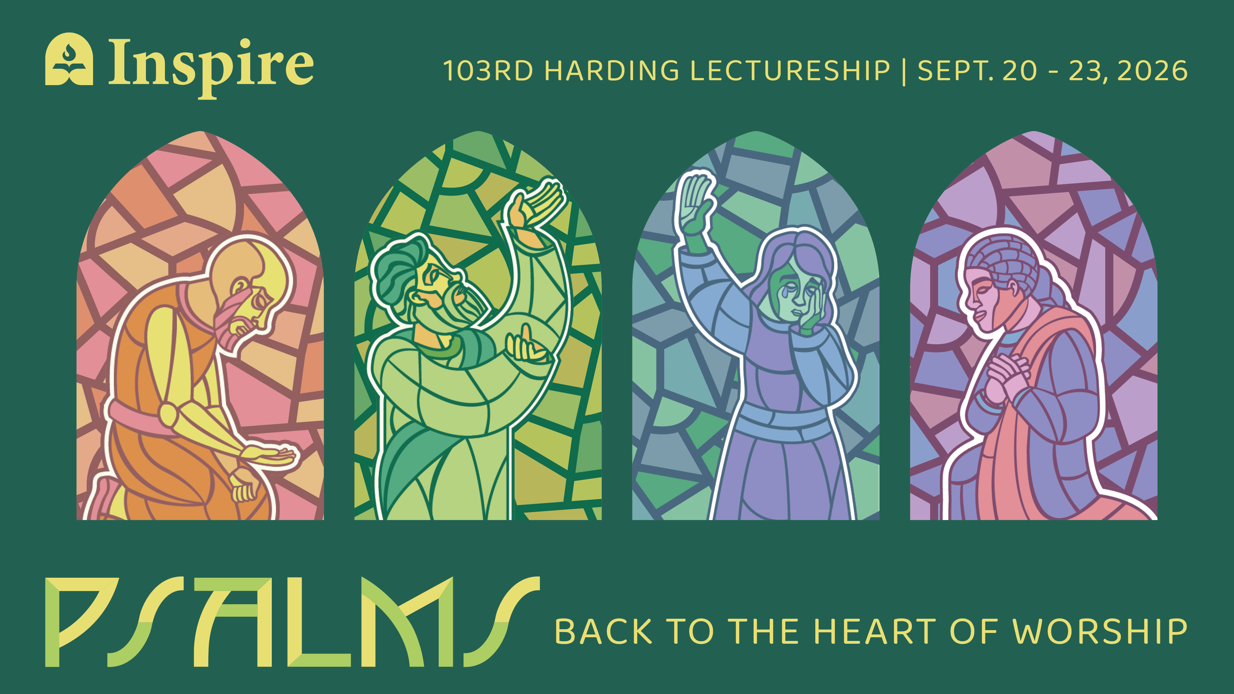 Illustration of four characters worshipping in stained glass