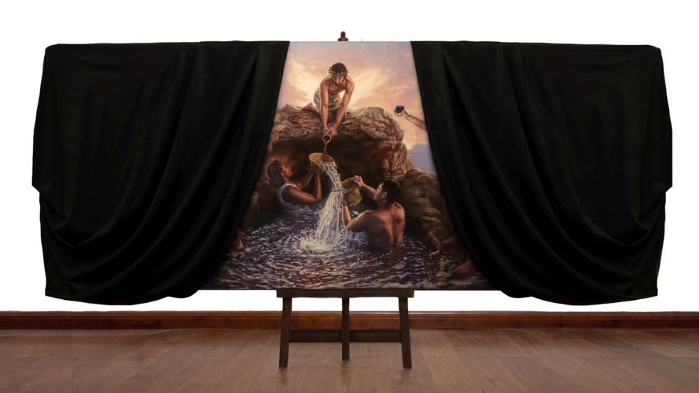 A big canvas on and easel partially covered on either side with a black cloth