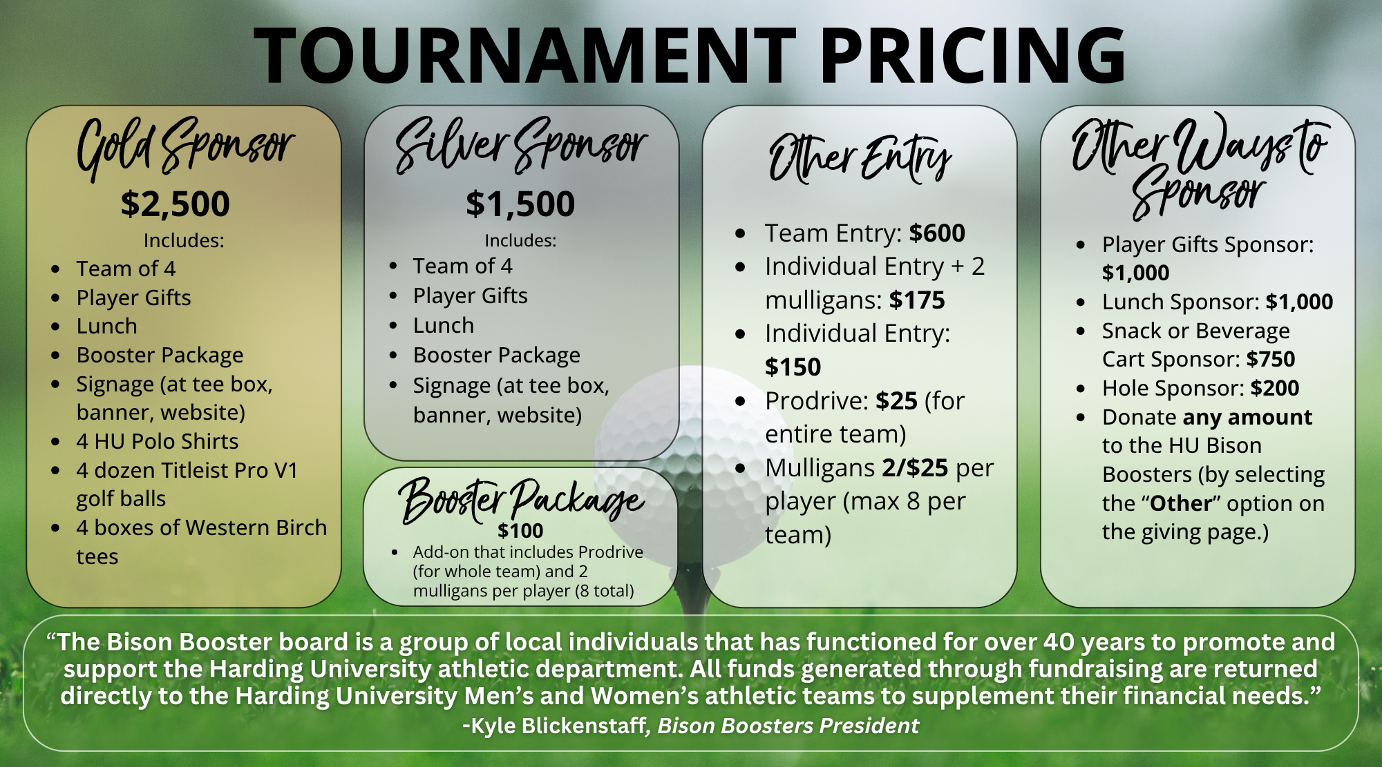 Tournament Pricing flyer with four main sections.  Gold Sponsor – $2,500: Includes team of 4, player gifts, lunch, booster package, signage (tee box, banner, website), 4 HU polo shirts, 4 dozen Titleist Pro V1 balls, 4 boxes of Western Birch tees.  Silver Sponsor – $1,500: Includes team of 4, player gifts, lunch, booster package, signage (tee box, banner, website).  Booster Package – $100 add-on: Prodrive for team plus 2 mulligans per player (8 total).  Other Entry: Team entry $600; individual entry + 2 mulligans $175; individual entry $150; Prodrive $25 for team; mulligans $25 for 2 (max 8 per team).  Other Ways to Sponsor: Player gifts sponsor $1,000; lunch sponsor $1,000; snack/beverage cart sponsor $750; hole sponsor $250 or $125; or donate any amount to HU Bison Boosters.  Footer quote: “The Bison Booster board is a group of local individuals that has functioned for over 40 years to promote and support the Harding University athletic department. All funds generated support Harding University Men’s and Women’s athletic teams to supplement financial needs.” – Kyle Blickenstaff, Bison Boosters President.