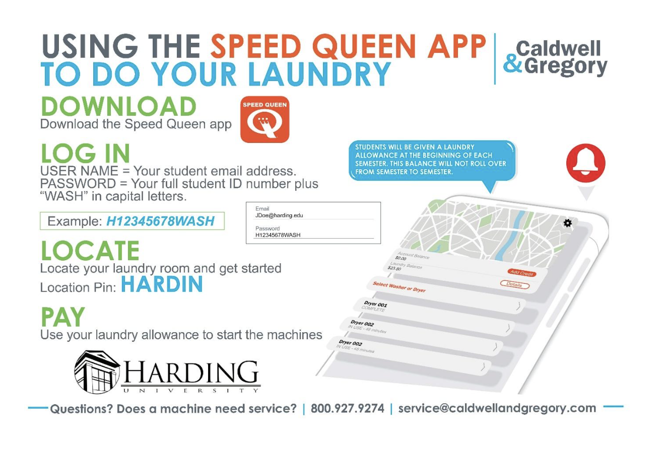 Instructions for laundry facilities at Harding University.
